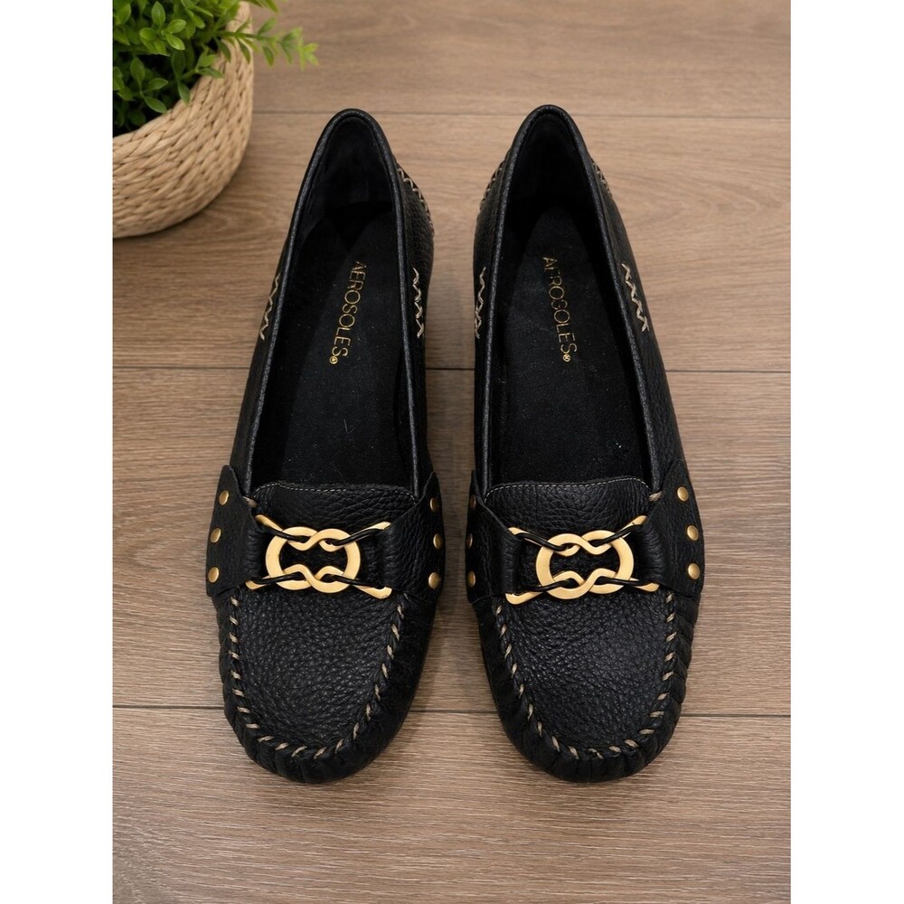 AEROSOLES Black Leather Loafers with Gold Accent Hardware